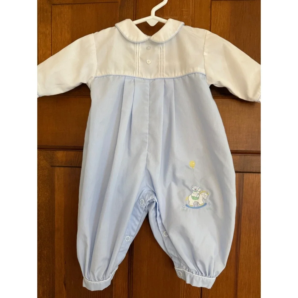 Petit‎ Ami Infant Longall Romper Newborn Blue Embroidered Rocking Horse Southern